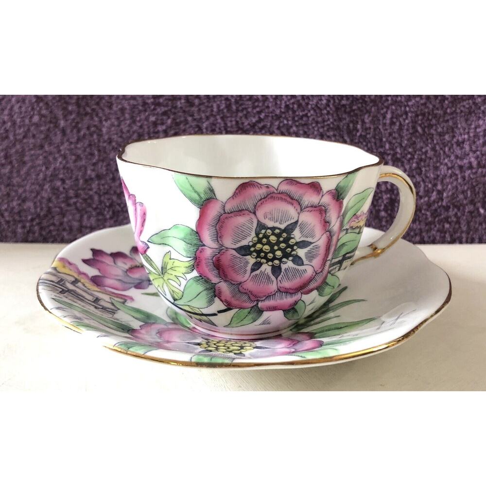 Taylor & Kent Gilt Edge Teacup & Saucer Pink Flowers Bone China Longton England